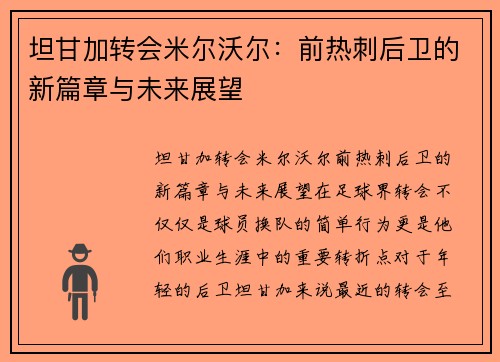 坦甘加转会米尔沃尔：前热刺后卫的新篇章与未来展望