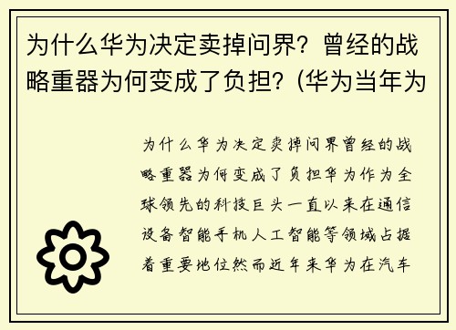 为什么华为决定卖掉问界？曾经的战略重器为何变成了负担？(华为当年为什么想卖掉)