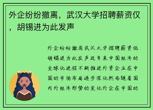 外企纷纷撤离，武汉大学招聘薪资仅，胡锡进为此发声