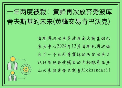 一年两度被裁！黄蜂再次放弃秀波库舍夫斯基的未来(黄蜂交易肯巴沃克)